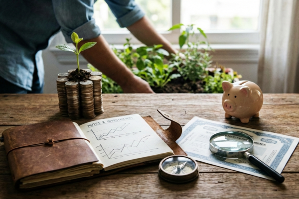 Coins stacked with a growing plant beside a piggy bank, notebook, and magnifying glass, symbolizing long-term investing, wealth growth, and financial planning.