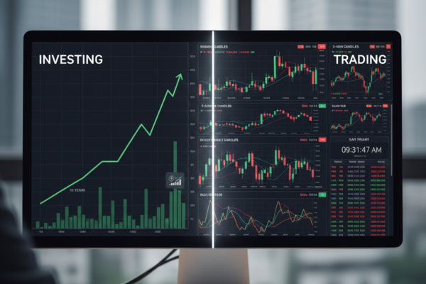 Split screen showing long-term investing growth chart on the left and real-time trading charts on the right, illustrating investing versus trading strategies.