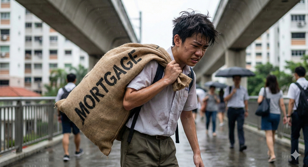 Person walking in the rain carrying a sack labeled “MORTGAGE,” symbolizing housing debt, financial pressure, and home ownership stress.