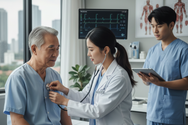 Female doctor using a stethoscope to examine an elderly male patient in a clinic, illustrating preventive care, senior health, and medical checkups.