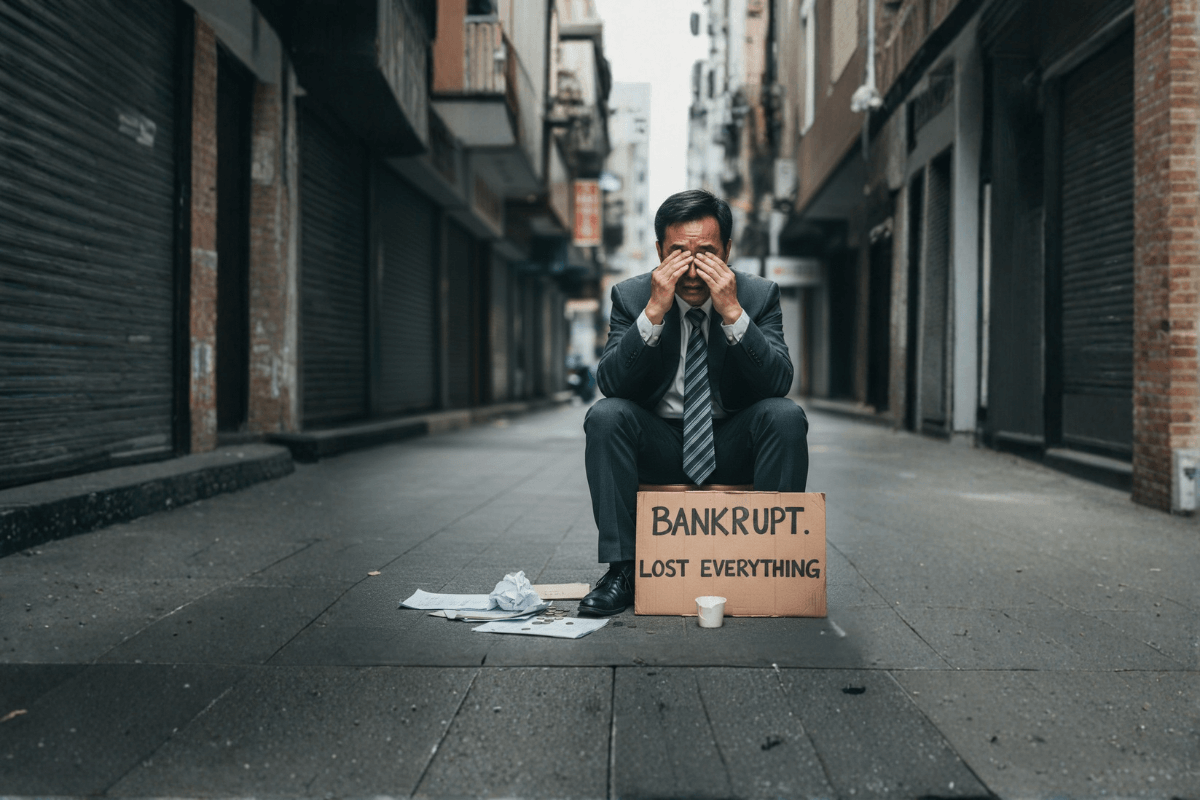 Distressed businessman sitting on an empty street holding a bankrupt lost everything sign, representing financial failure and bankruptcy impact
