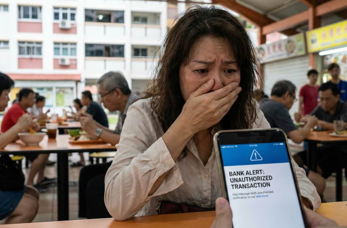 Woman reacting to an unauthorised bank transaction alert while trying to recover money if hacked or scammed.