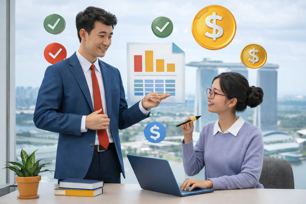 Financial advisor discussing investment and insurance options with a client in a modern office.