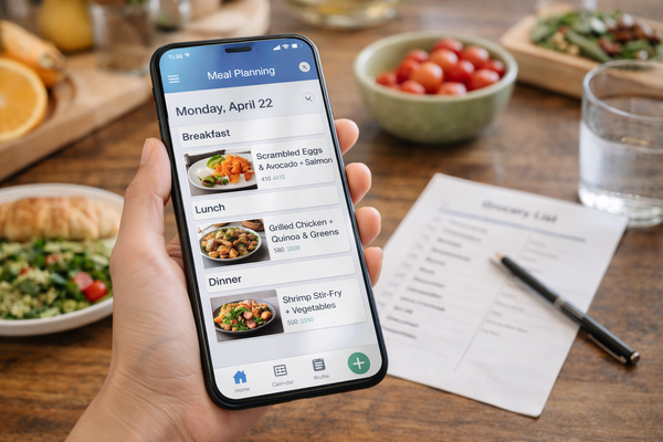 Hand holding a smartphone displaying a meal planning app for budgeting groceries and healthy eating.