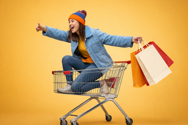 Happy shopper sitting in a cart holding shopping bags symbolizing spending habits and lifestyle purchases.