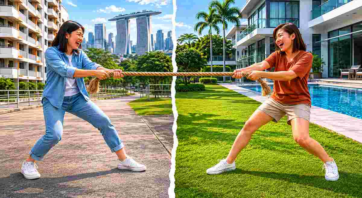 Two women in a tug-of-war symbolising conflicts when buying property in Singapore with a friend