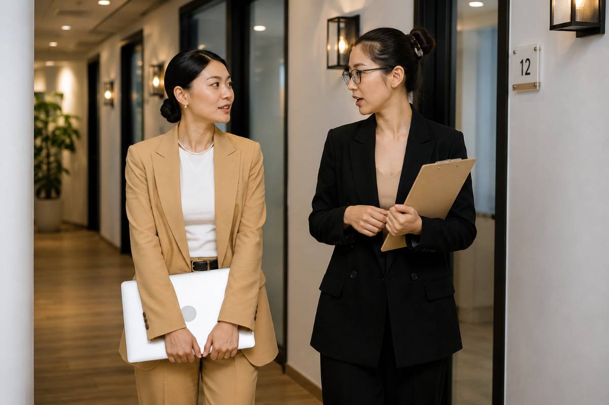 Two women discussing shared ownership terms while buying property in Singapore