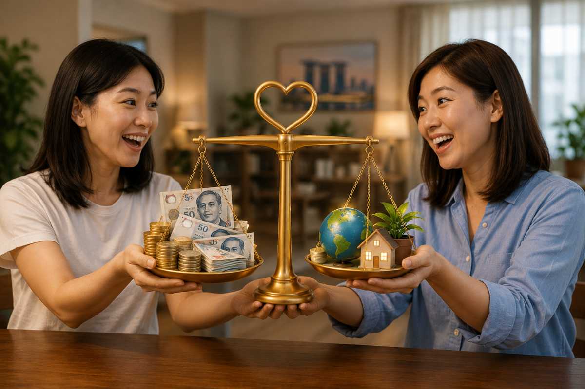 Two women comparing money and real estate goals when buying property in Singapore together
