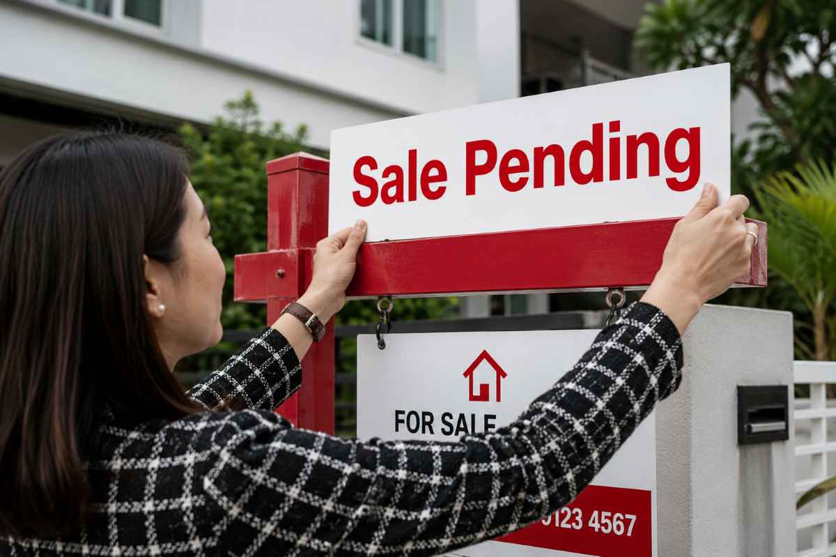 Woman placing a “Sale Pending” sign on a condominium property listing while buying property in Singapore