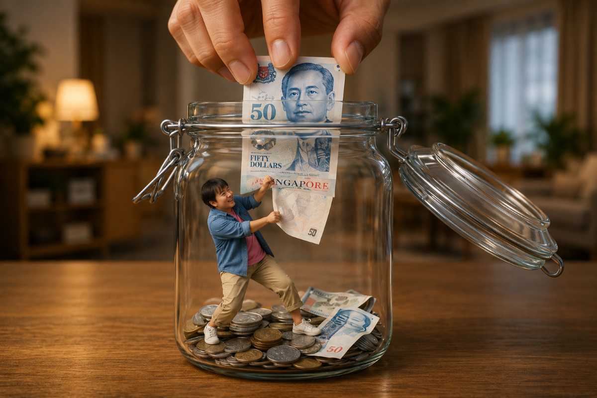 Hand placing Singapore dollar notes into a savings jar for buying property in Singapore