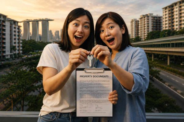 Two friends celebrating successful co-ownership after buying property in Singapore together