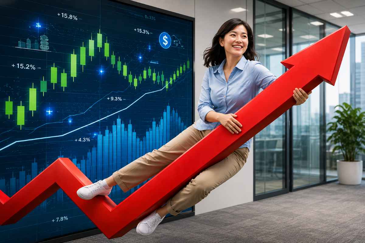 Woman sitting on a rising red arrow beside stock charts showing CPF with a robo-advisor investment growth