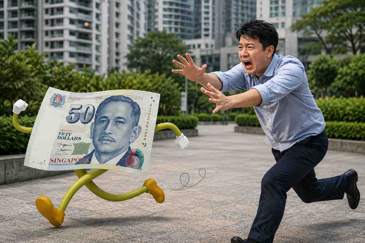 Man chasing a running Singapore $50 note symbolising losses from poor CPF with a robo-advisor decisions