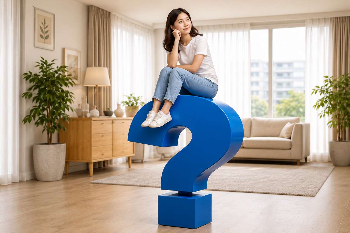 Woman sitting on a giant question mark at home while considering CPF with a robo-advisor options