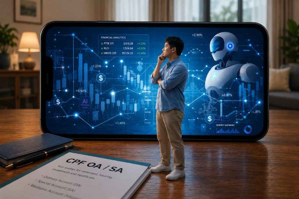 Man reviewing CPF OA and SA details with AI financial analytics and a robo-advisor on a smartphone screen