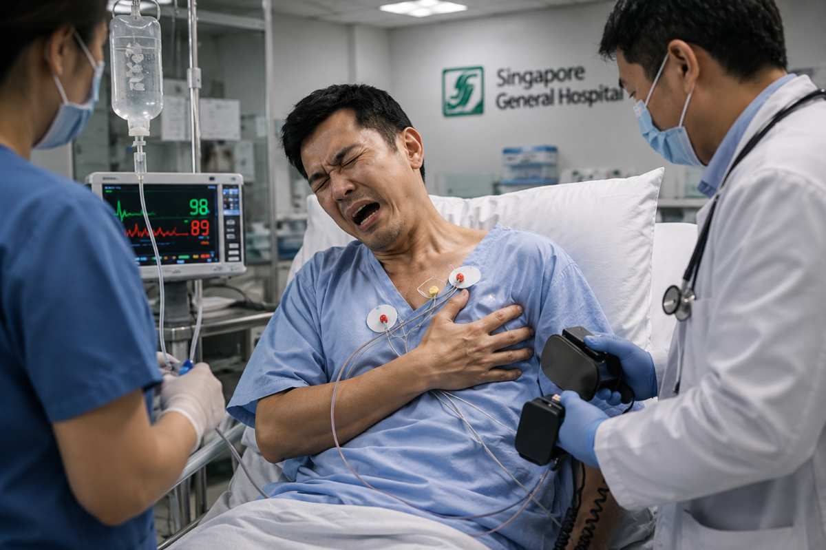 Patient experiencing heart attack symptoms during emergency treatment under critical illness and cancer insurance singapore coverage