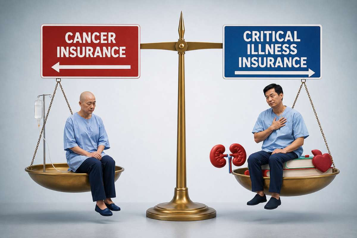 Cancer insurance singapore versus critical illness insurance illustrated with balanced medical scale