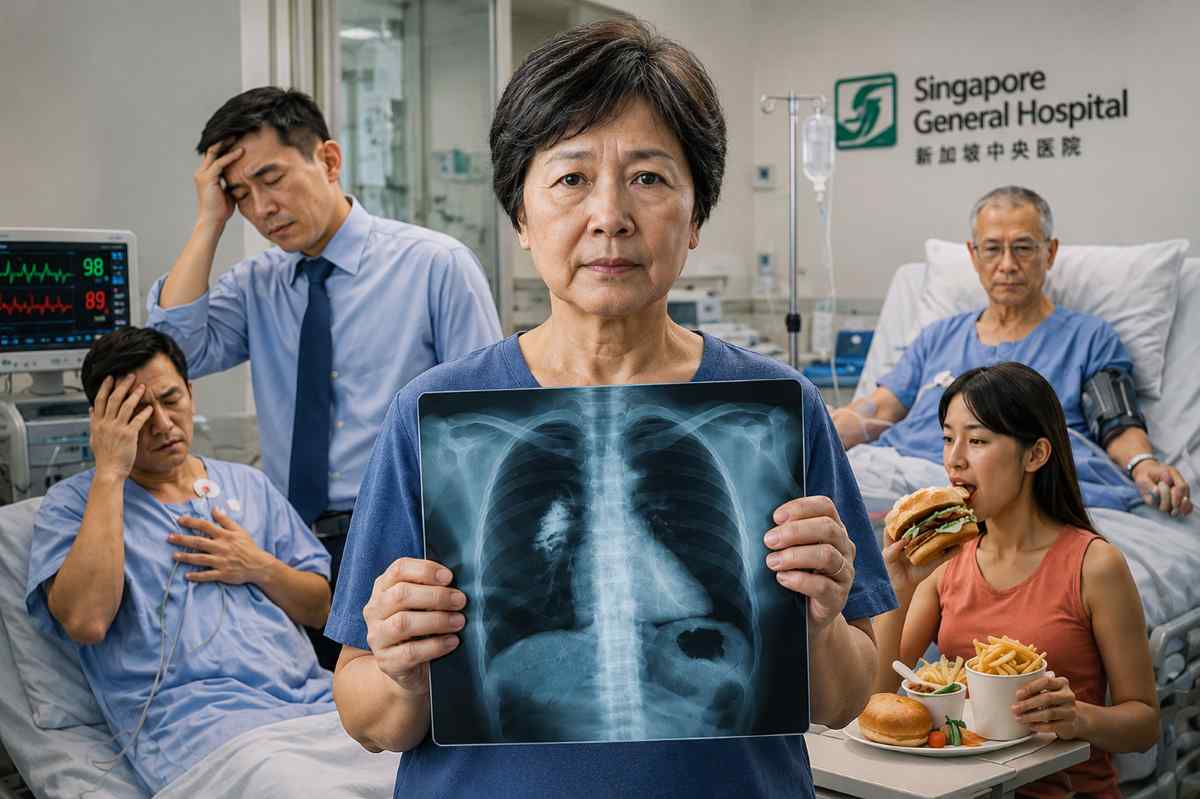 Woman holding lung X-ray surrounded by patients showing cancer insurance singapore and critical illness concerns
