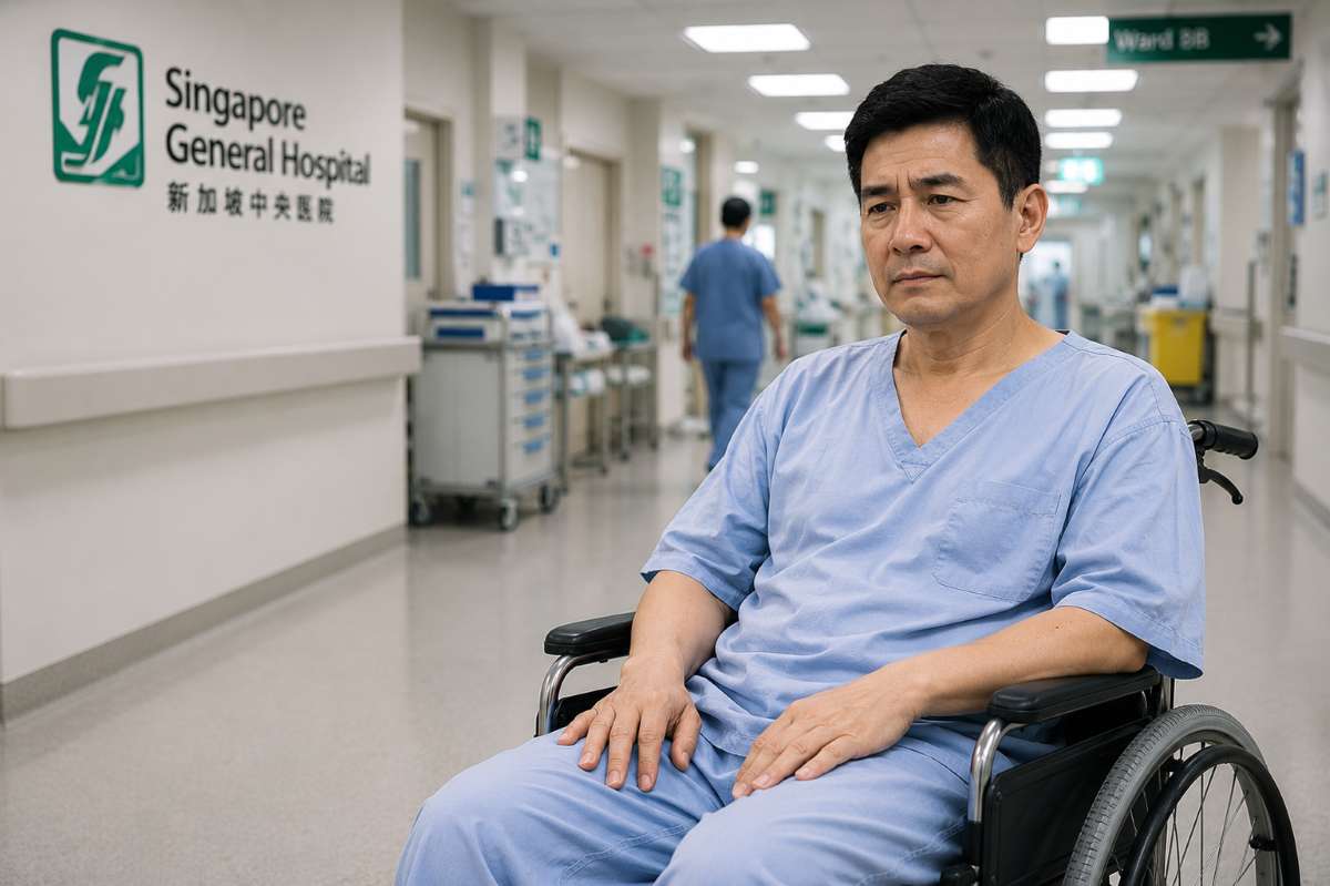 Man seated in wheelchair at Singapore General Hospital during cancer insurance singapore recovery journey