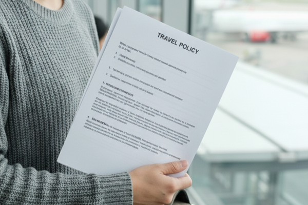 Traveller holding a printed travel insurance policy document while waiting at an airport terminal.