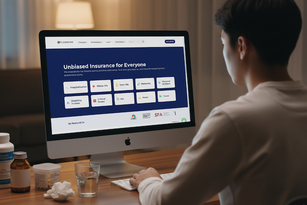 Person using a desktop computer to compare unbiased insurance plans online at home.