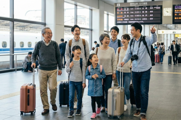 Multi-generational family traveling together with luggage at a train station for a group vacation.