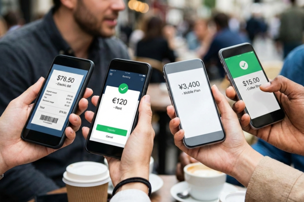 People holding smartphones showing digital payments and travel expense sharing while abroad.