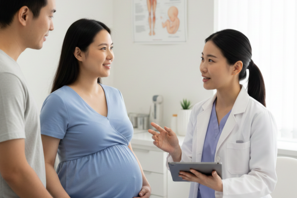 Pregnant couple consulting with a doctor during a prenatal visit, discussing IVF pregnancy care and fertility treatment outcomes.