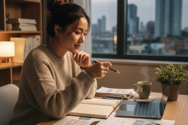 Woman reviewing documents and working on a laptop at home, symbolizing fertility planning, IVF cost research, and family financial preparation.