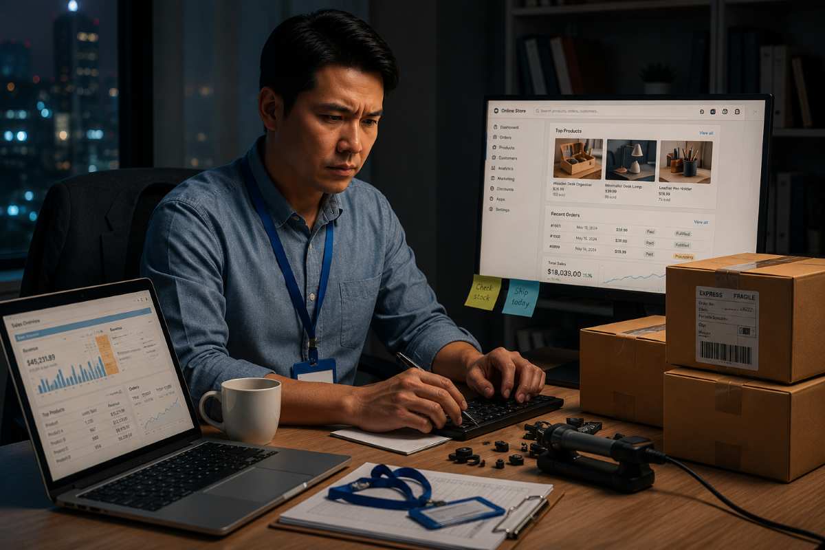 E-commerce business owner managing online orders and inventory late at night