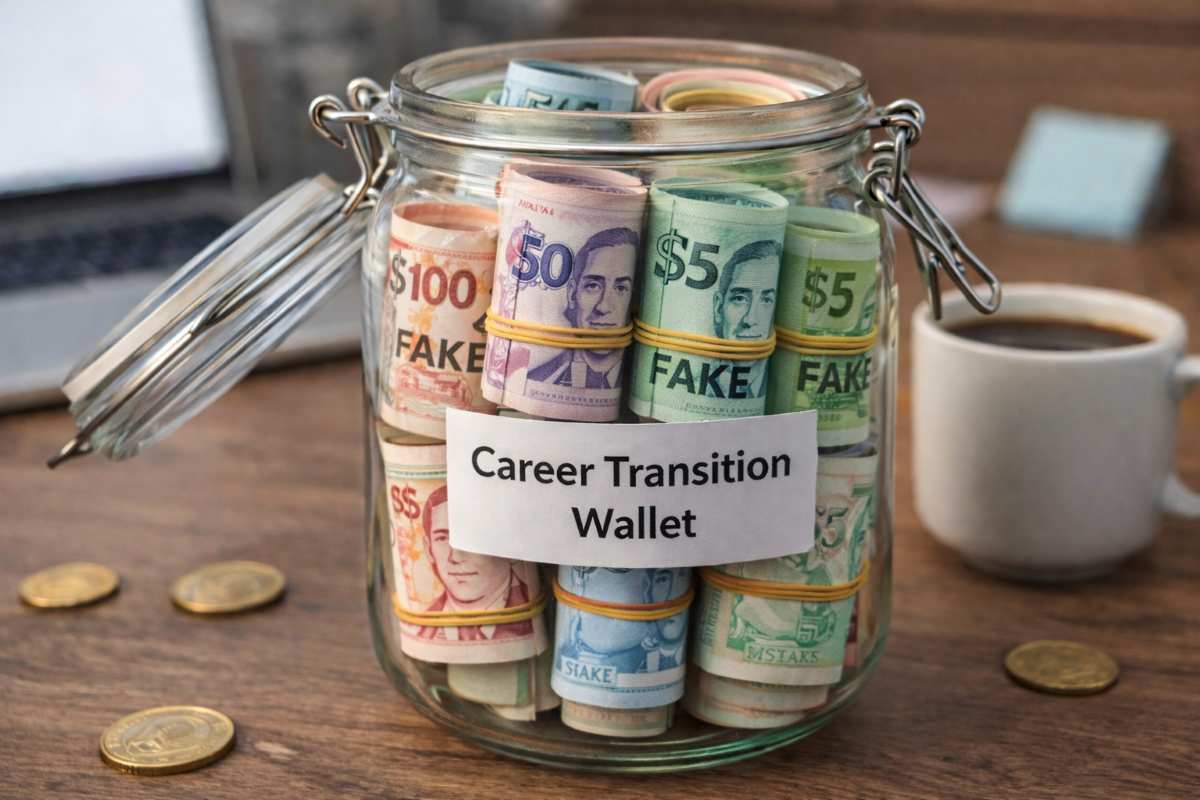 Savings jar labeled career transition wallet filled with rolled cash on office desk