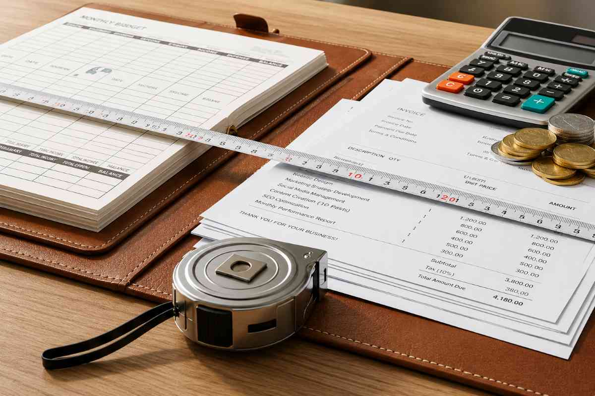 Measuring business expenses with calculator, invoices, ledger books, and tape measure on desk