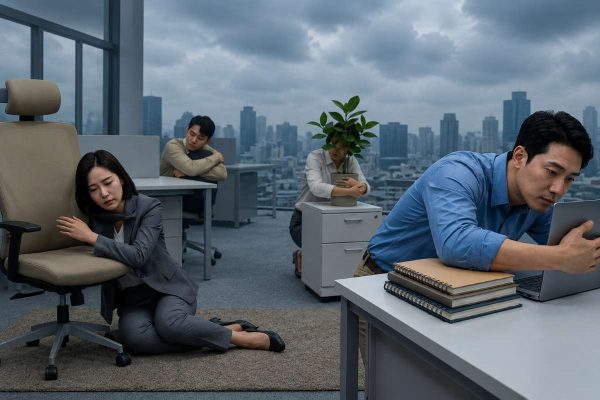 Stressed office workers hugging chairs and desks during economic uncertainty in modern office