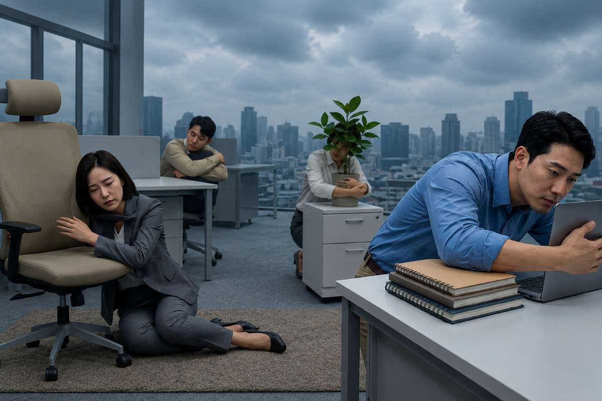 Stressed office workers hugging chairs and desks during economic uncertainty in modern office