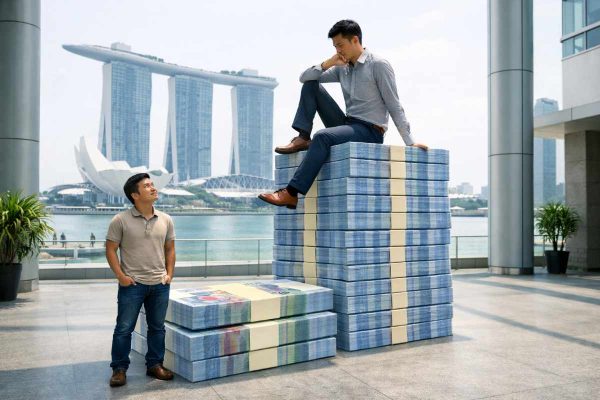 Two men posing with giant stacks of cash in front of Singapore skyline