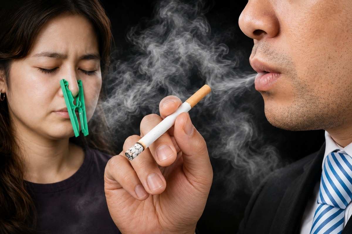 Cigarette smoke blowing toward a woman highlighting the dangers of secondhand smoke exposure and lung cancer risk
