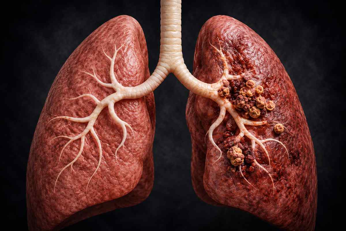 Illustration of diseased lungs showing tumour growth and lung cancer damage in non-smokers