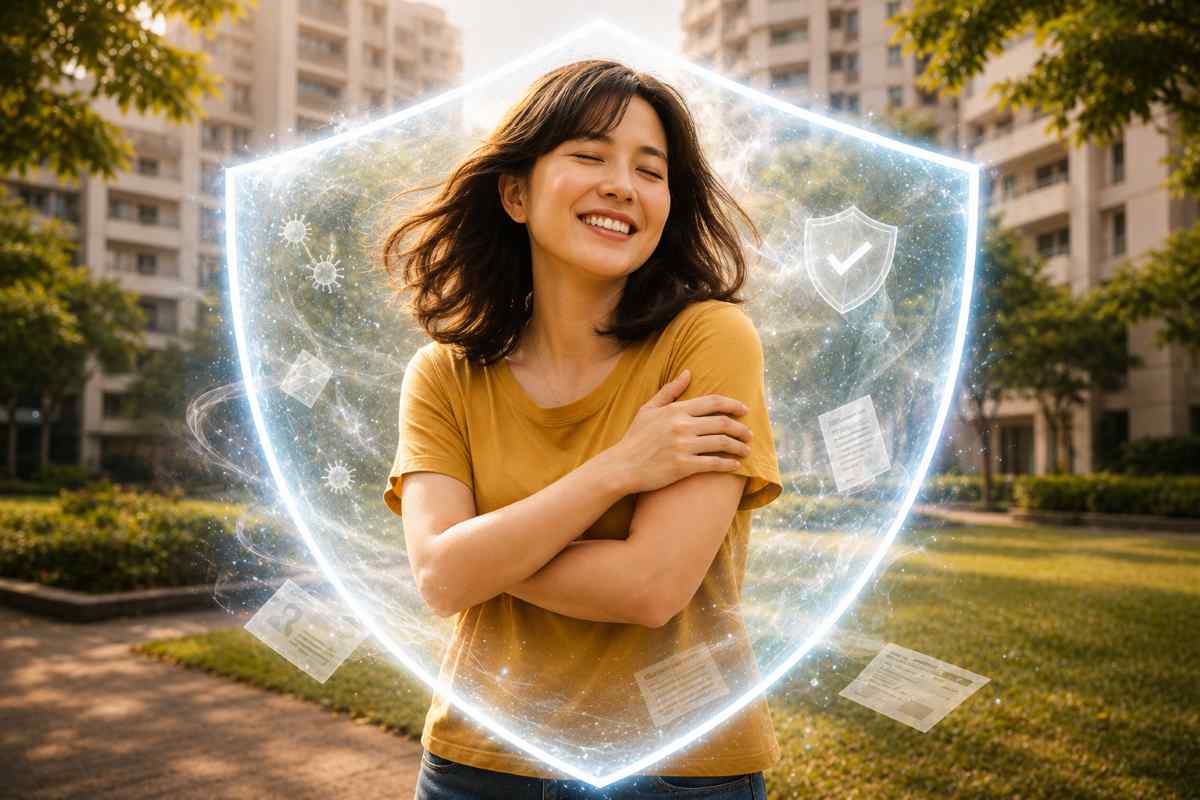 Woman standing inside a glowing protective shield representing health coverage and protection from illness risks