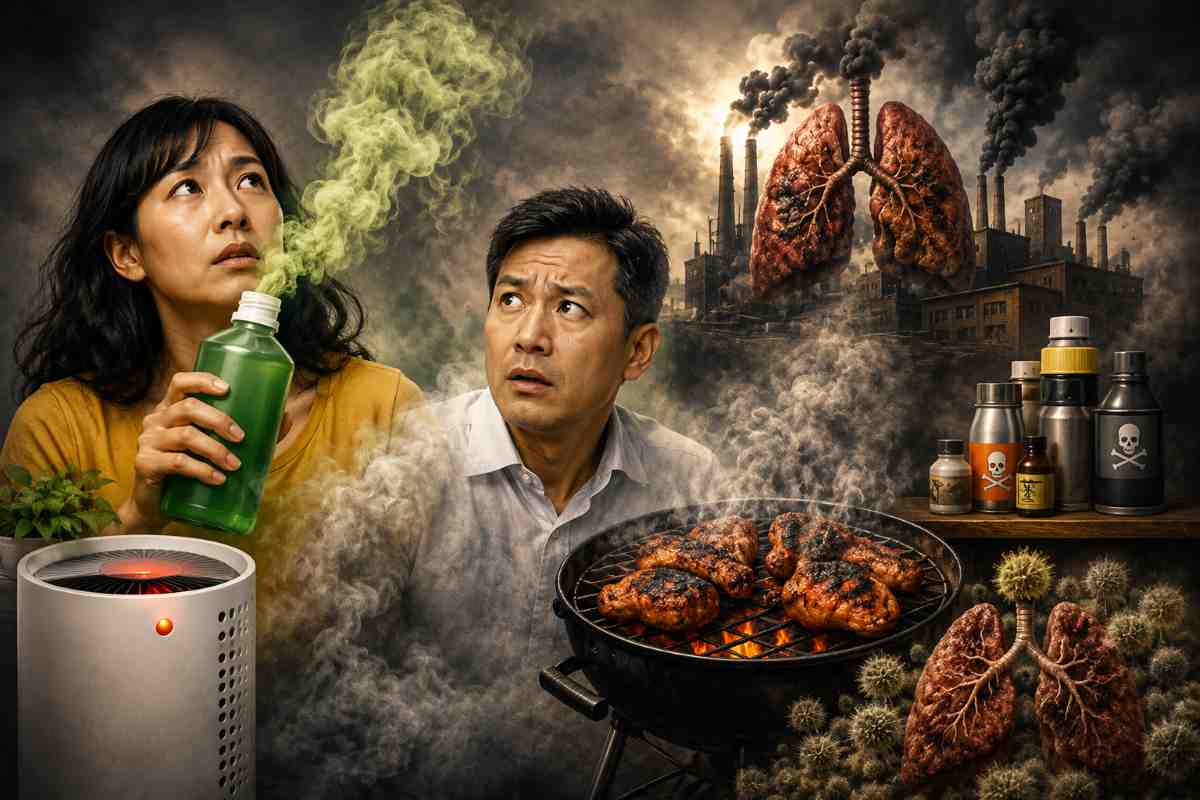 Concerned couple surrounded by smoke, pollution and toxic fumes linked to lung cancer risk in non-smokers