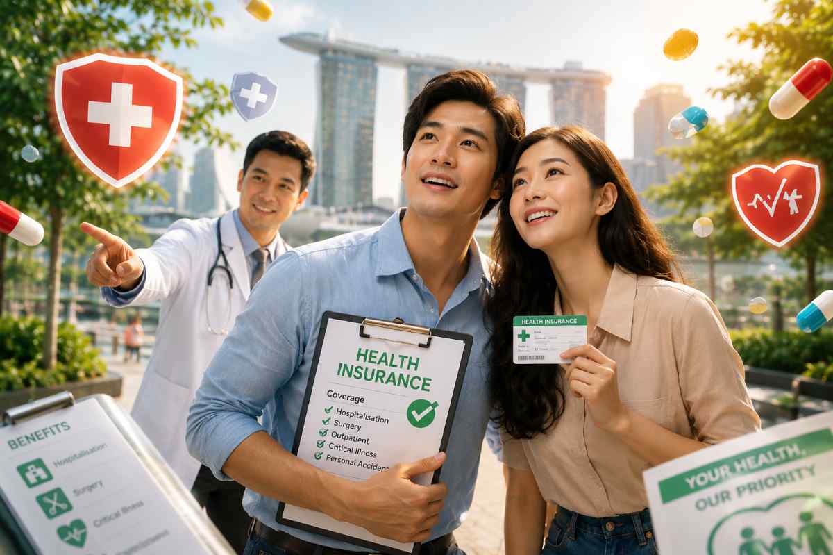 Young Singapore couple exploring term life insurance and health coverage options with critical illness protection benefits