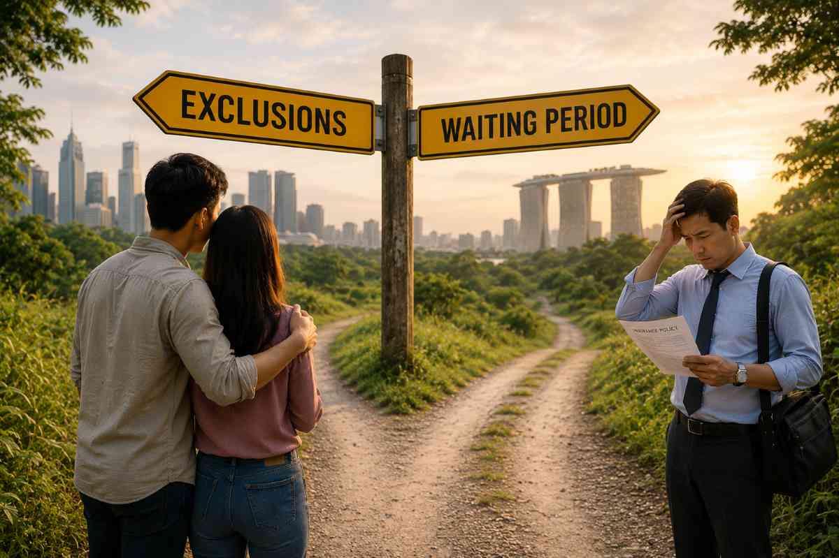 Singapore couple comparing term life insurance exclusions and waiting periods before choosing critical illness coverage