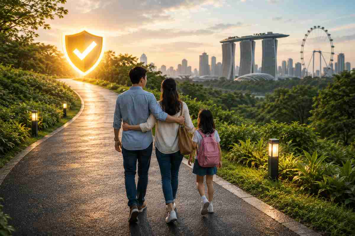 Family walking in Singapore with a protection shield symbol representing term life insurance and long-term financial security