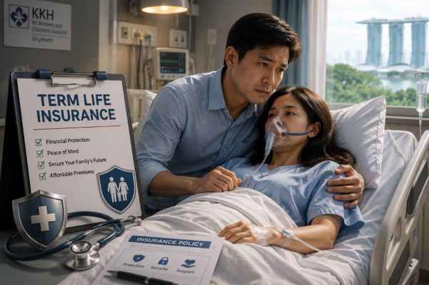 Singapore couple reviewing term life insurance coverage during a hospital stay for critical illness protection