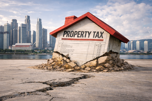 Property tax concept illustration showing a house sinking into cracked ground with ‘Property Tax’ sign and a modern city skyline in the background