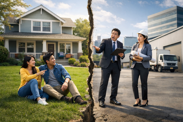 Homeowners relaxing outside their house contrasted with professionals discussing property tax and development costs across a cracked divide.