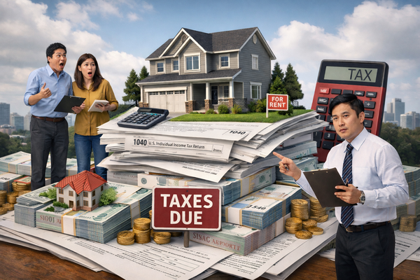 Homeowners and tax advisor reviewing property tax documents, calculator, and cash stacks in front of a house representing taxes due and rental property income