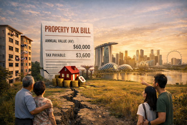 Property tax bill example showing annual value of $60,000 and tax payable of $3,600 overlooking Singapore skyline with homeowners reviewing the cost.