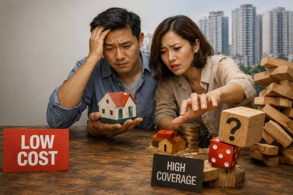 Couple weighing low cost and high coverage when choosing cheapest mortgage insurance.
