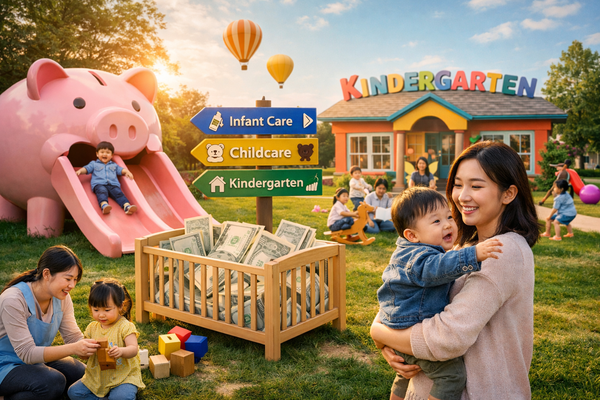 Parents and children at kindergarten with childcare subsidy savings concept, featuring piggy bank playground and infant care, childcare, and kindergarten signboards
