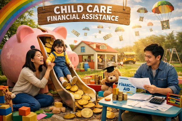 Childcare financial assistance concept with family, piggy bank slide filled with coins, and parent reviewing financial aid documents for childcare subsidies